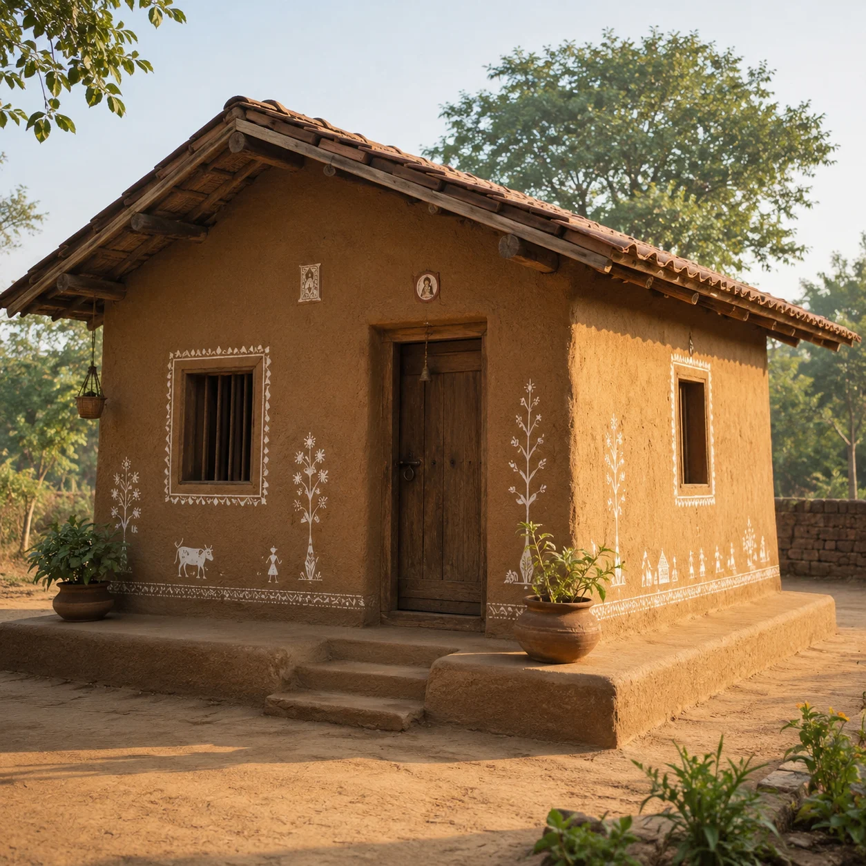 Eco-friendly cow dung house construction with natural wall plastering and sustainable building materials